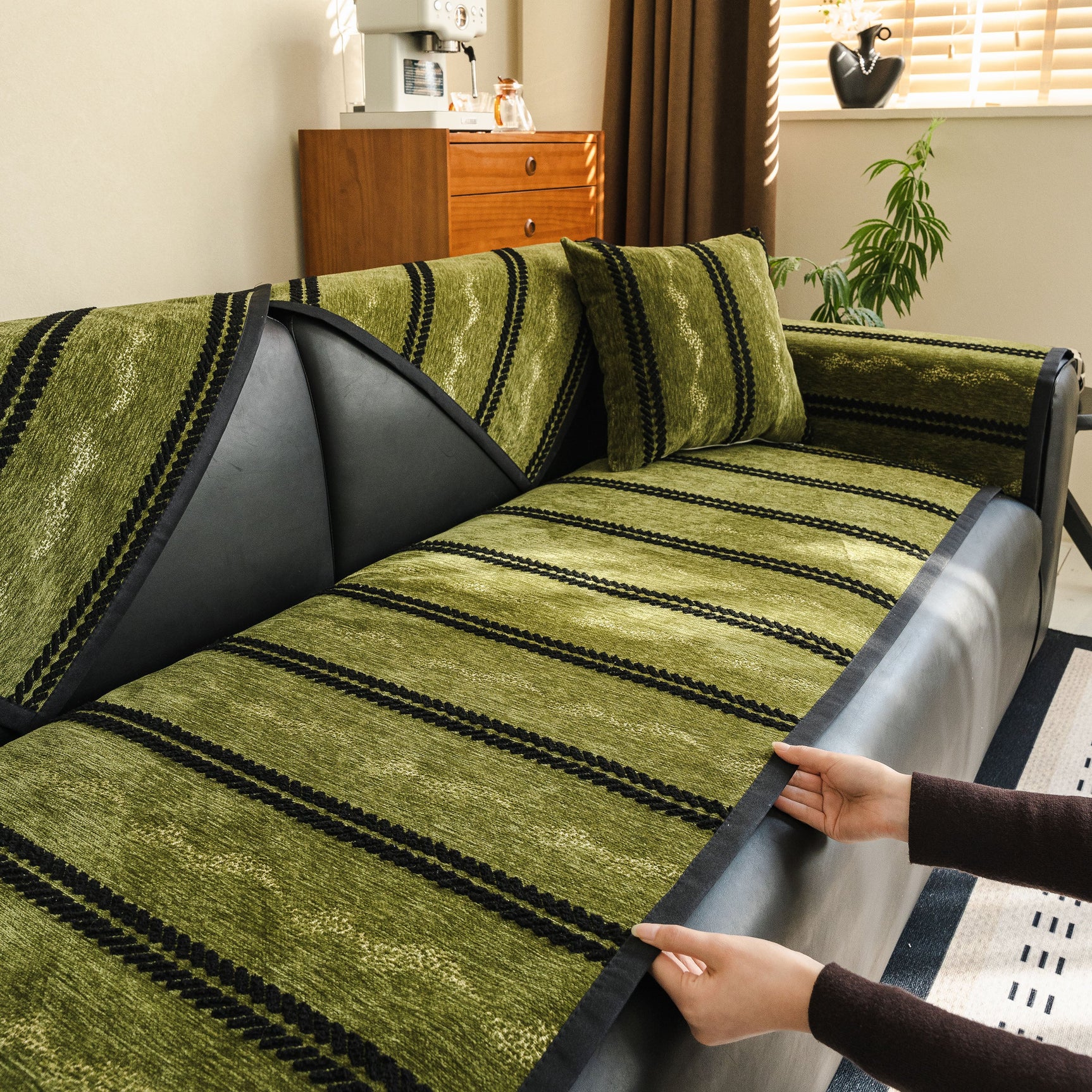 Non-Slip Sofa Cover with Thick Chenille Texture Woven Stripe Couch Protector Throw - Ornate Home