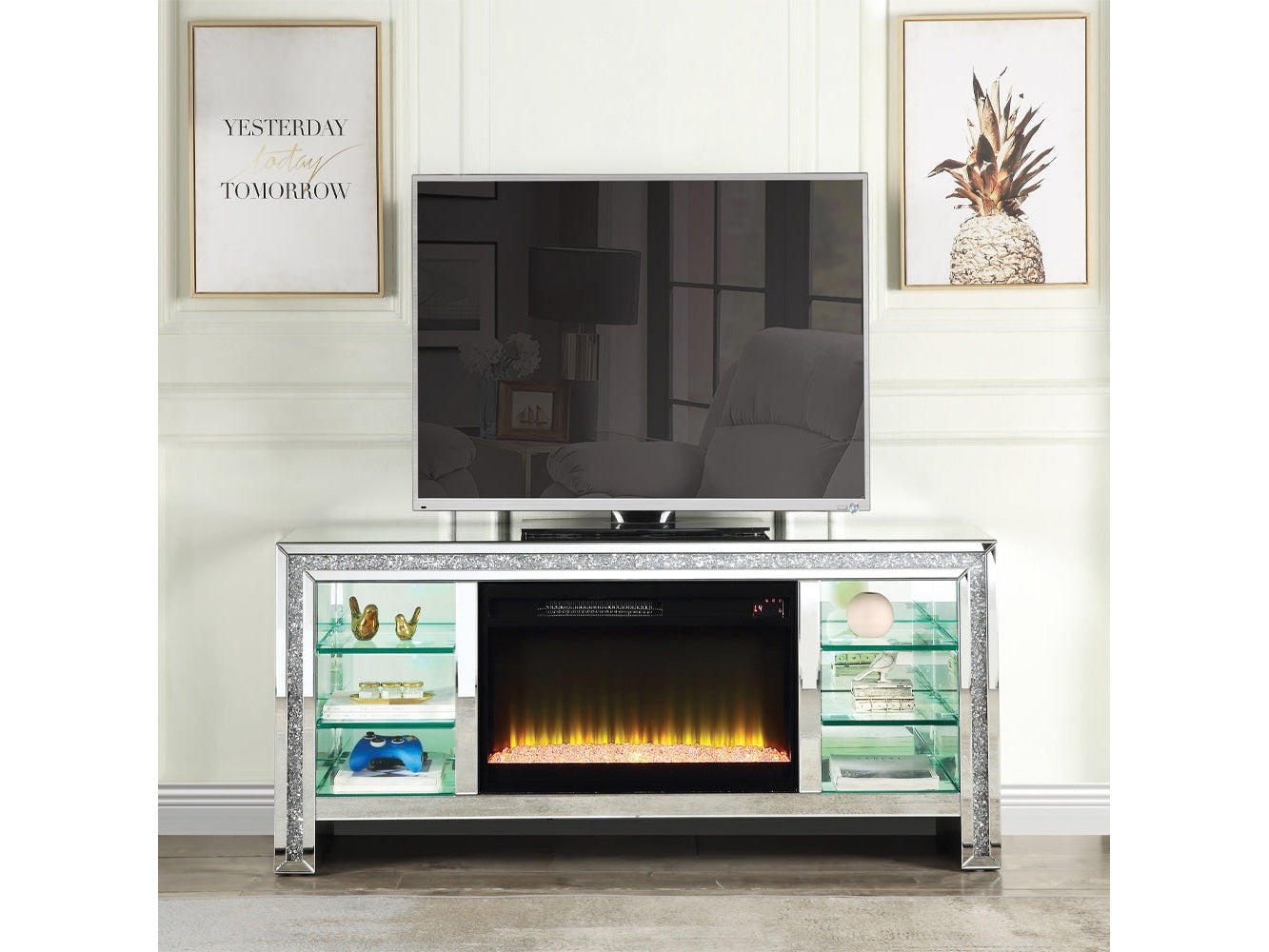 Noralie 59" TV Stand w/ LED Glass Shelves & Fireplace Insert - Ornate Home