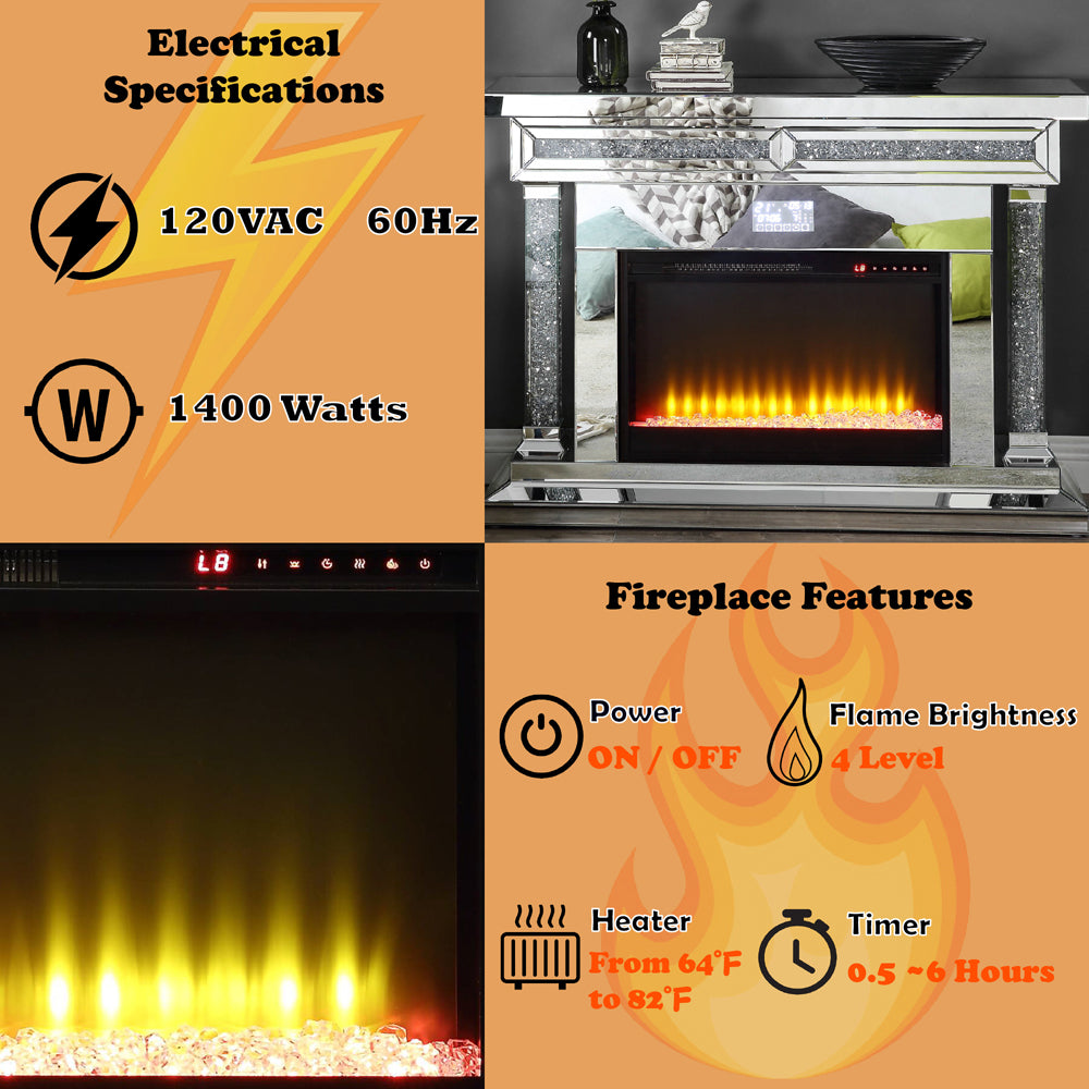 Noralie Mirrored & Faux Crystals Fireplace w/ Insert (47" W) - Ornate Home