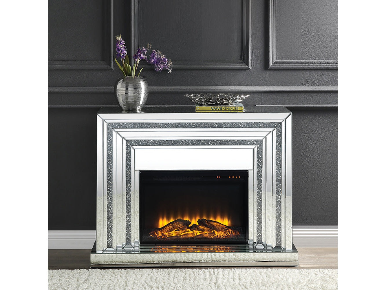 Noralie Mirrored & Faux Diamond Fireplace w / Insert (49" W) - Ornate Home