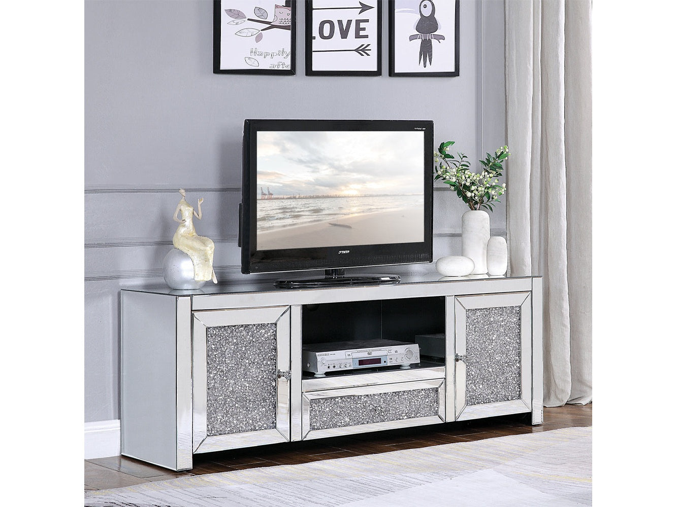 Noralie Mirrored & Faux Diamonds TV Stand w/ Storage - Ornate Home