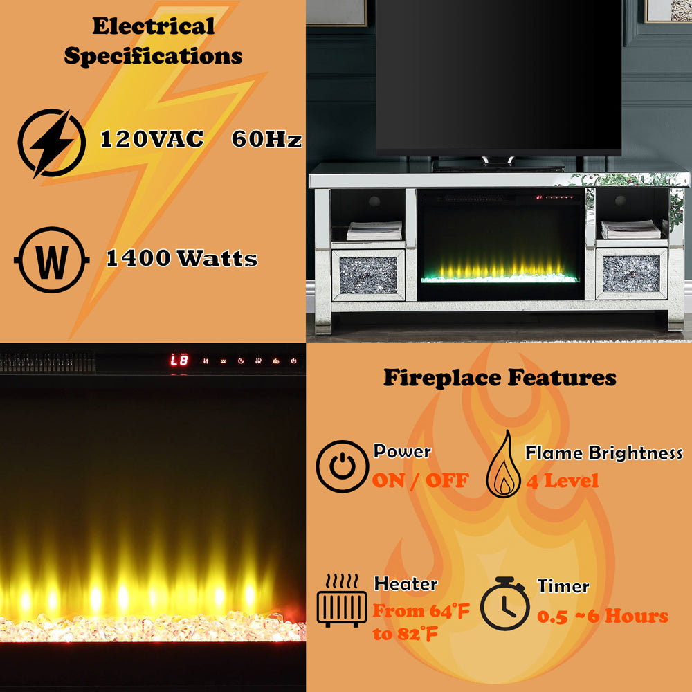 Noralie Stacked Drawers Faux Diamonds TV Stand W/Fireplace - Ornate Home