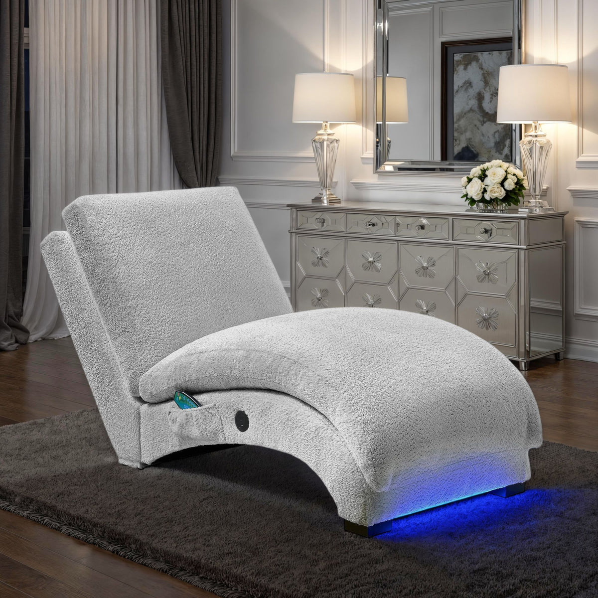 Nori Glam Fog Chaise with Heat Massage, USBC, LED - Ornate Home