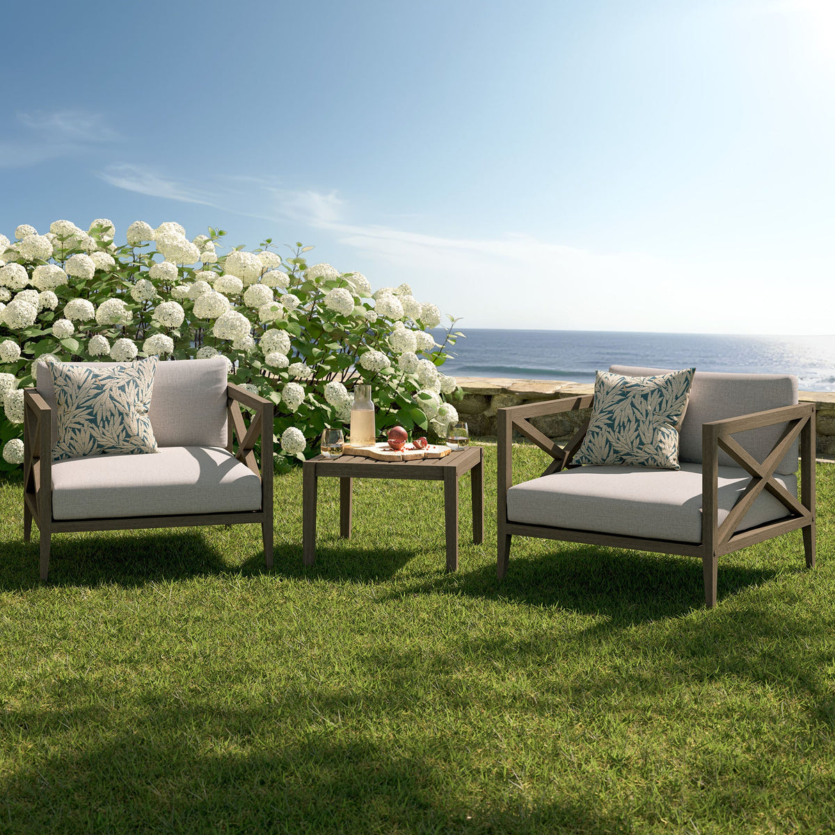 Northlake Weathered Gray/Pebble 3-Piece Outdoor Patio Teak Wood Furniture Set with Armchair and Side Table - Ornate Home