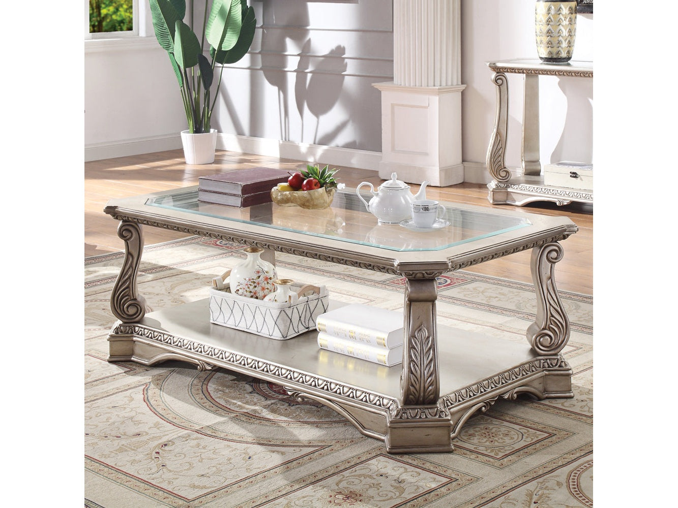 Northville Antique Silver & Clear Glass Coffee Table - Ornate Home