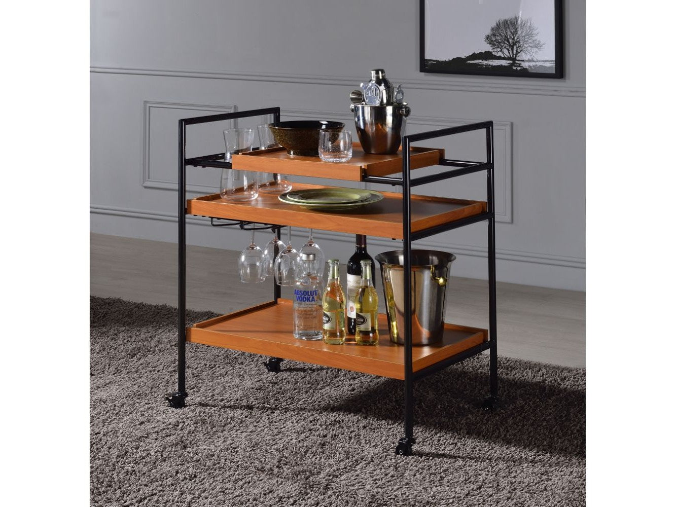 Oaken Honey Oak & Black Serving Cart - Ornate Home