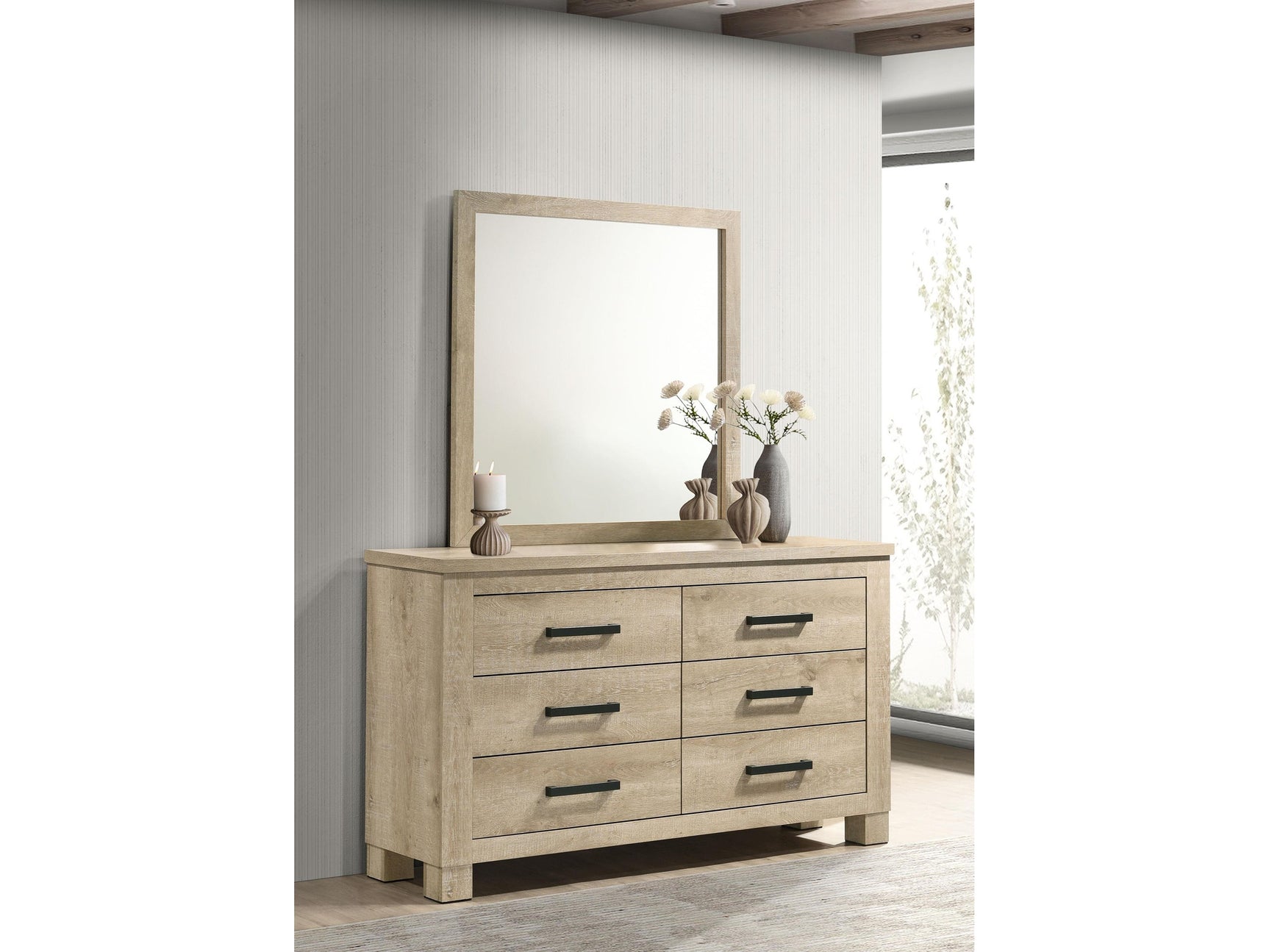 Oakglen Weathered Oak 6-drawer Bedroom Dresser and Mirror - Ornate Home