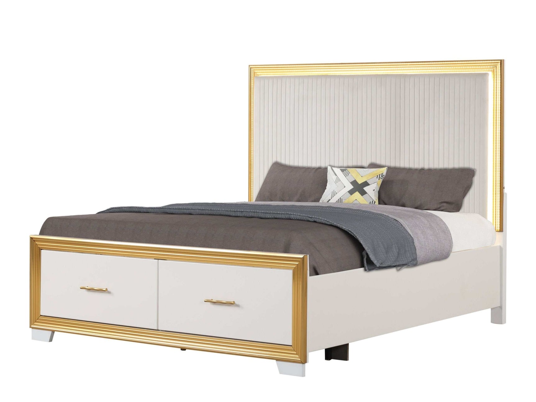 Obsession White & Gold Queen Bed w/ FB Storage - Ornate Home