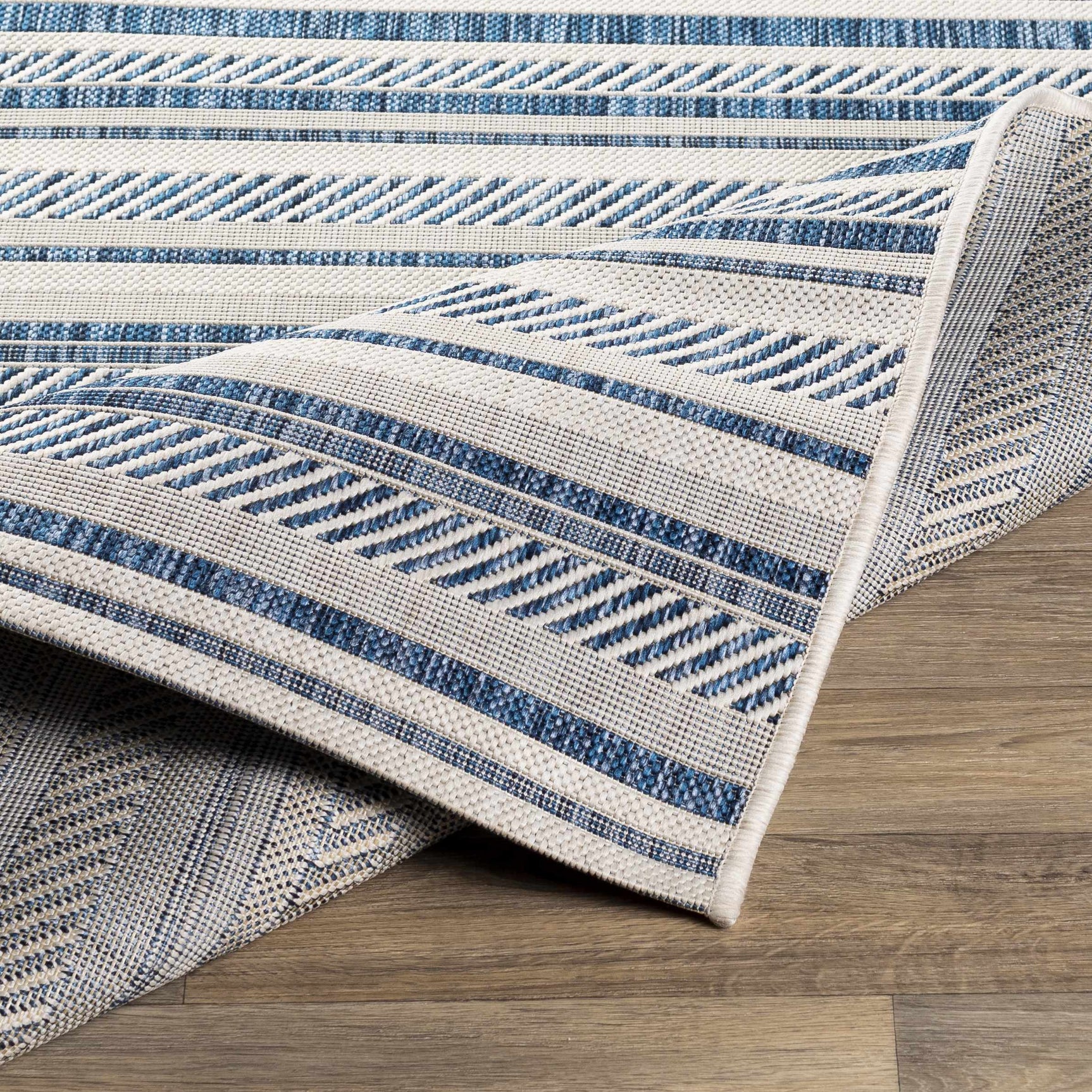 Olin White&Blue Striped Nordic Outdoor Rug - Ornate Home