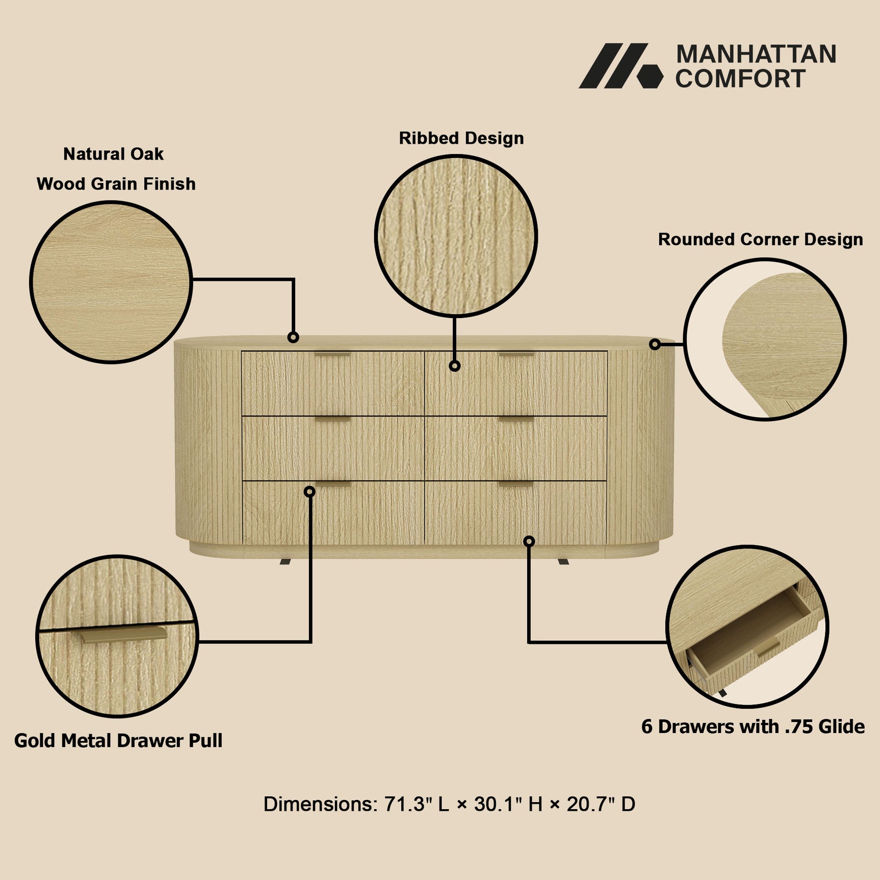 Olivia 71.3" Double Dresser in Natural Oak and Gold - Ornate Home