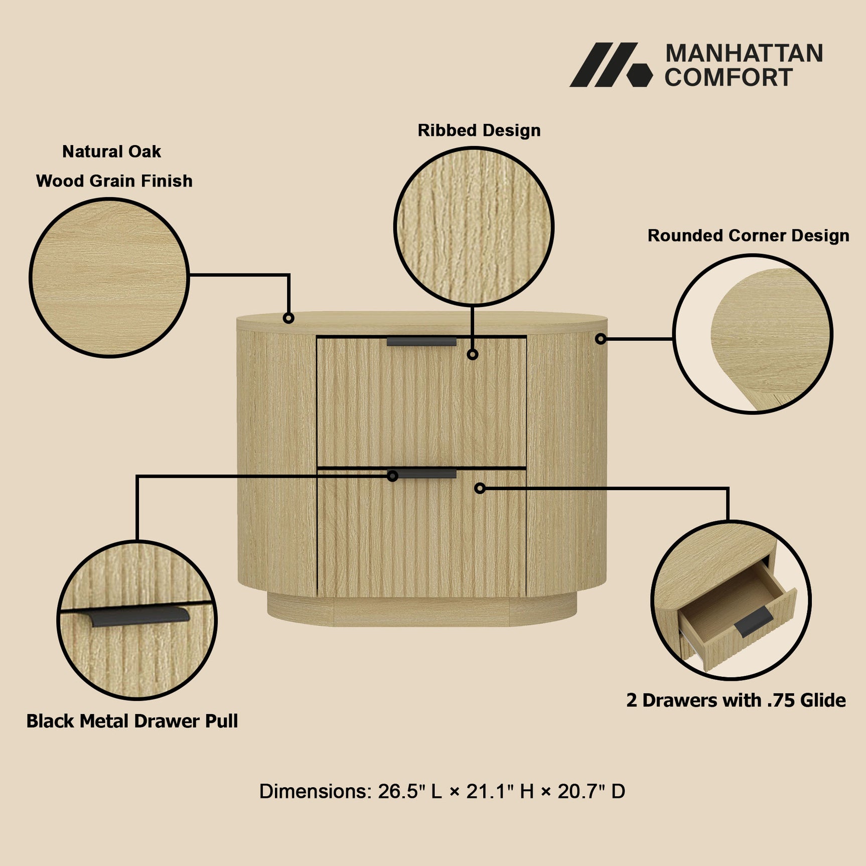 Olivia Nightstand in Natural Oak and Black - Ornate Home