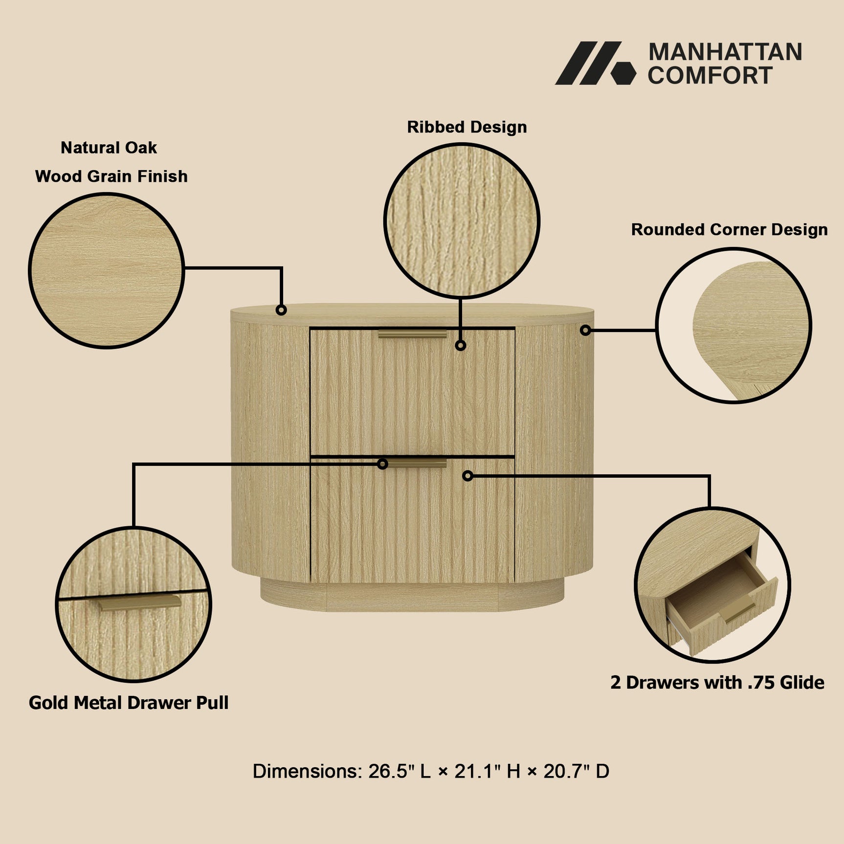 Olivia Nightstand in Natural Oak and Gold - Ornate Home