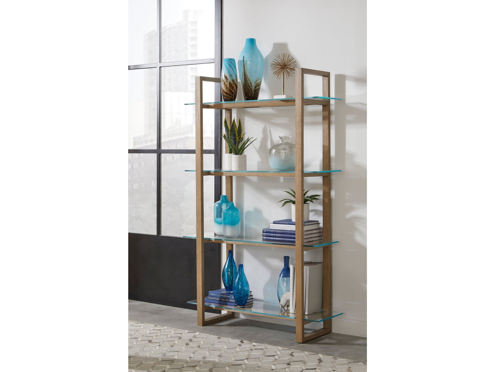 One Bisque/Clear Modern Coastal Glass Shelf Bookcase - Ornate Home