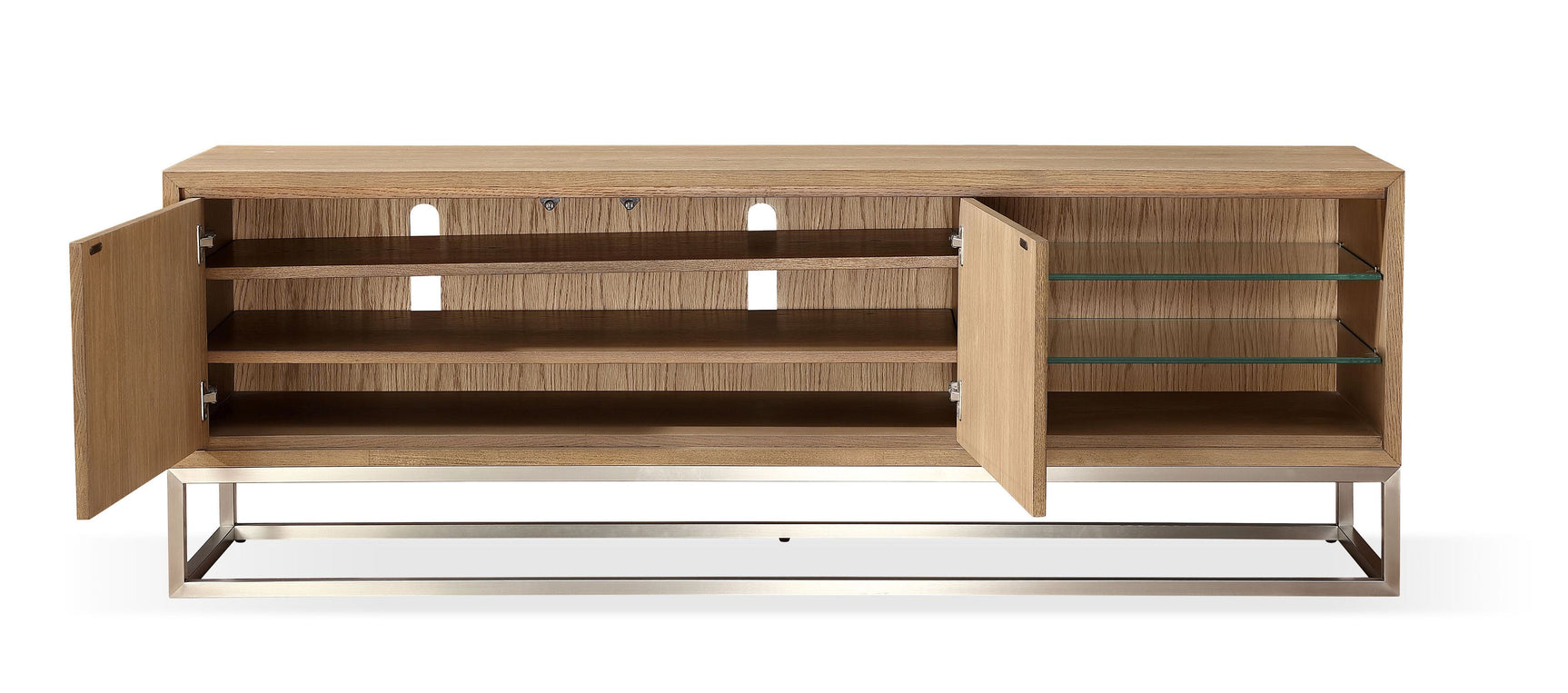 One Coastal Modern 74 inch TV Console in Brushed Stainless Steel and Bisque - Ornate Home