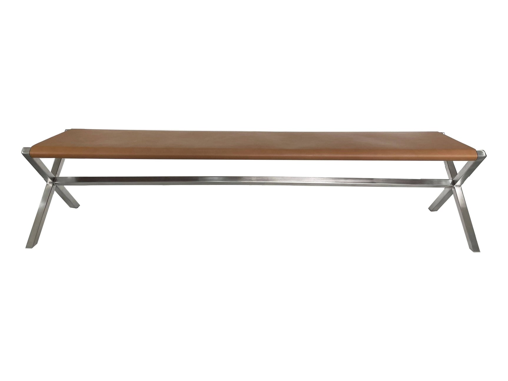 One Modern Coastal Director's Style Leather Dining Bench in Cognac and Brushed Stainless Steel - Ornate Home