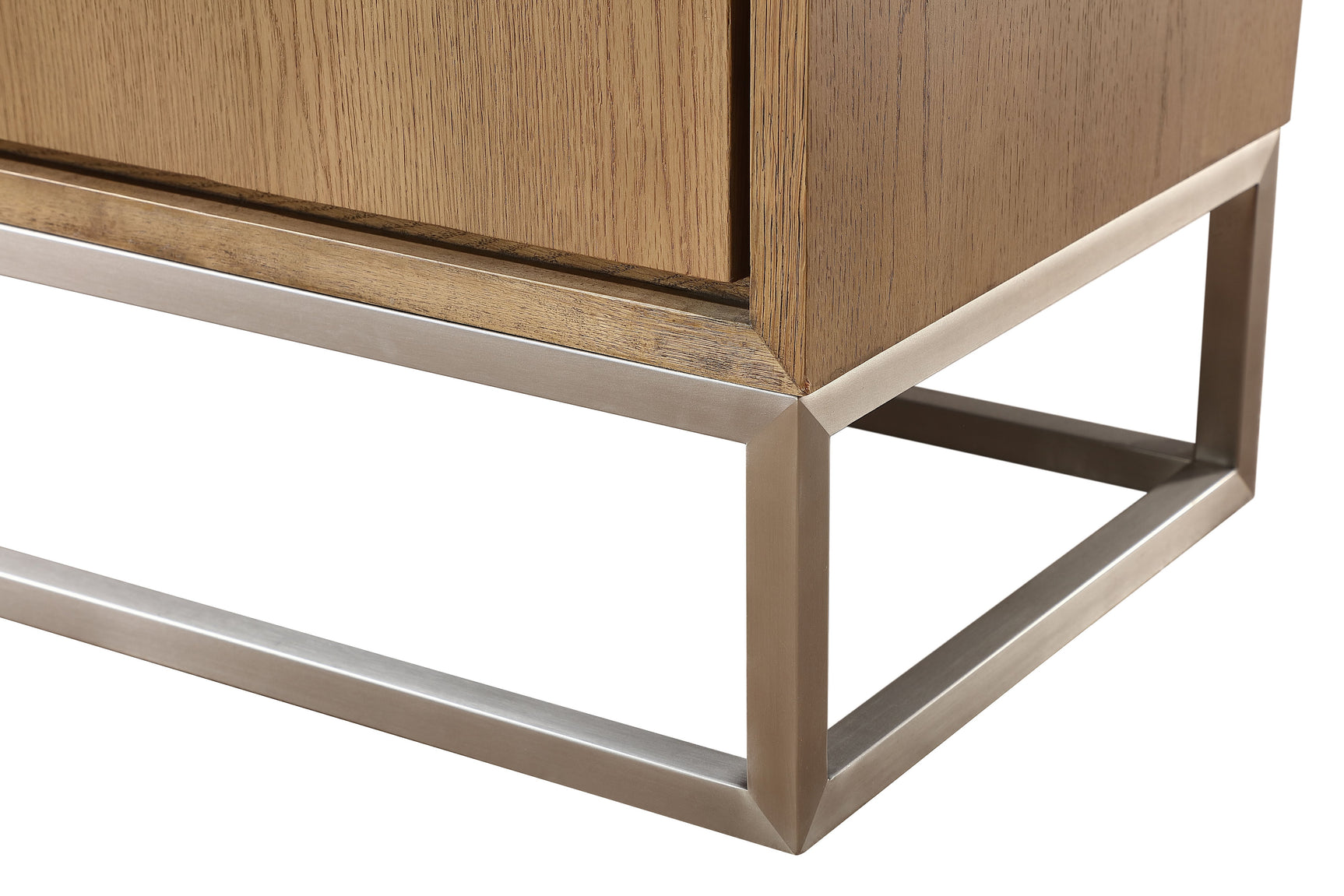One Modern Coastal Metal Base Sideboard in White Oak and Brushed Stainless Steel - Ornate Home