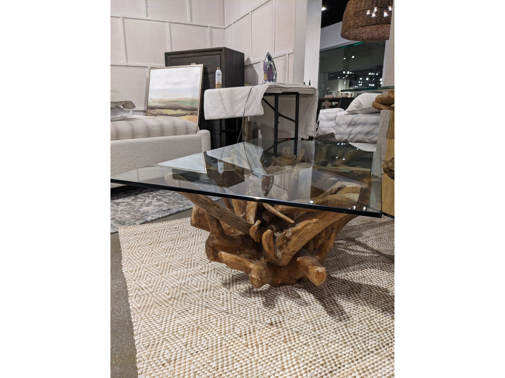 One Solid Teak Root Glass Top Coffee Table - Ornate Home