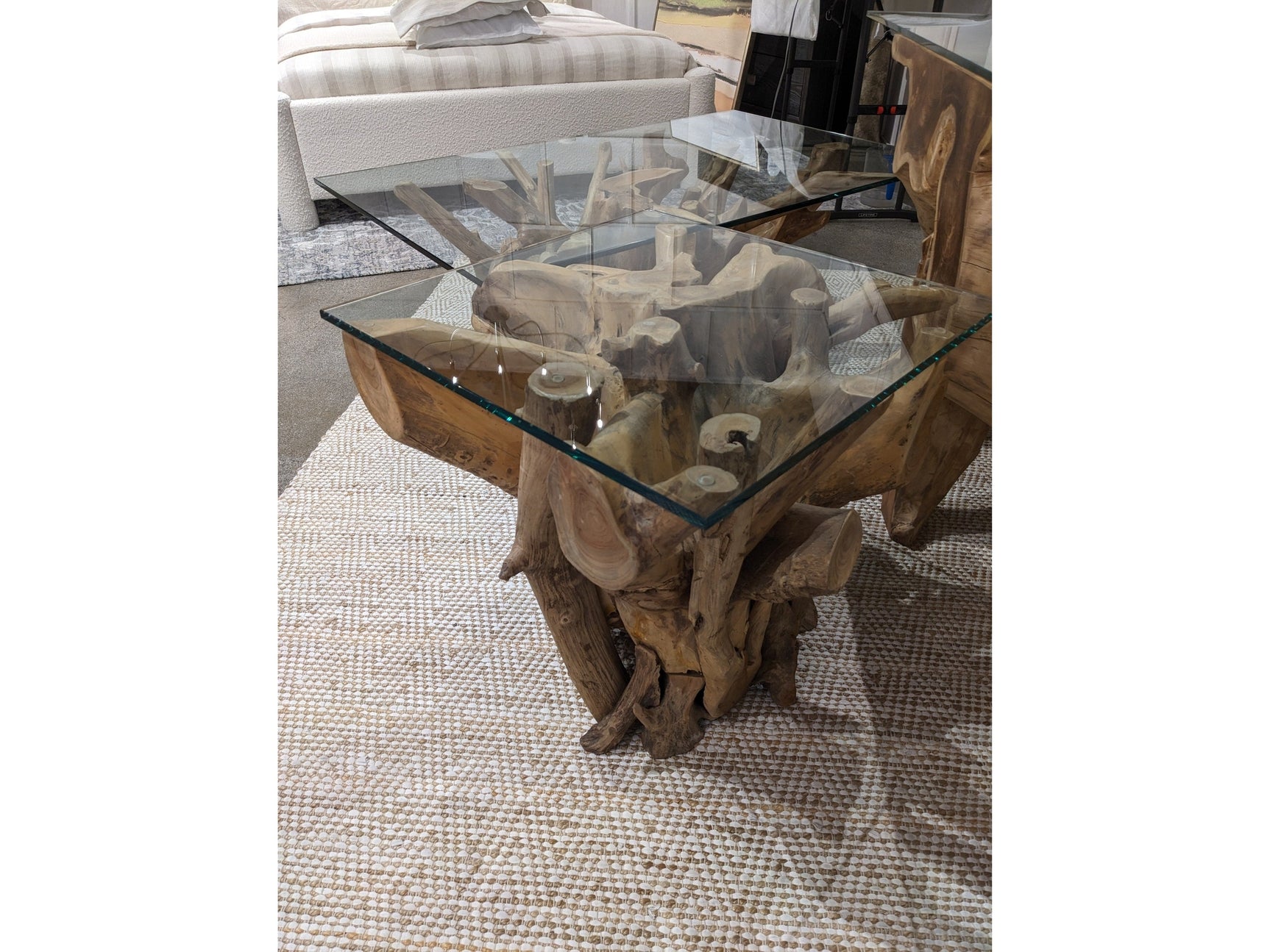 One Solid Teak Root Glass Top End Table - Ornate Home