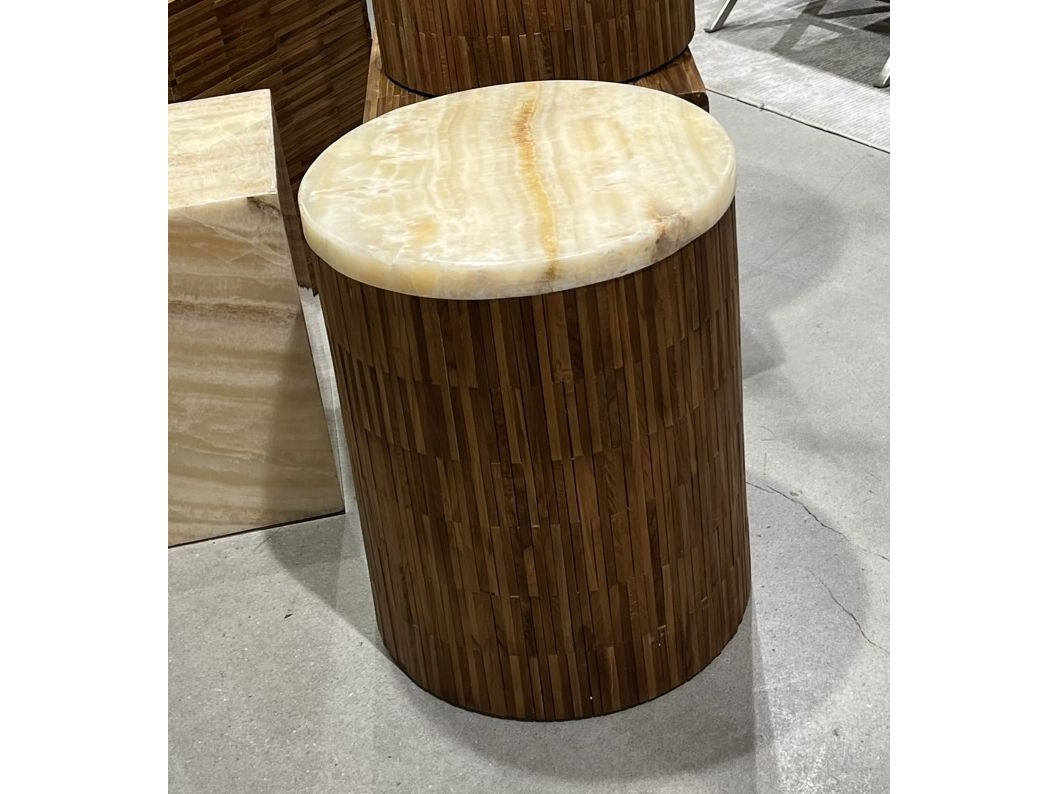 One Stone Wood Tile Round End Table in Onyx and Solid Teak - Ornate Home