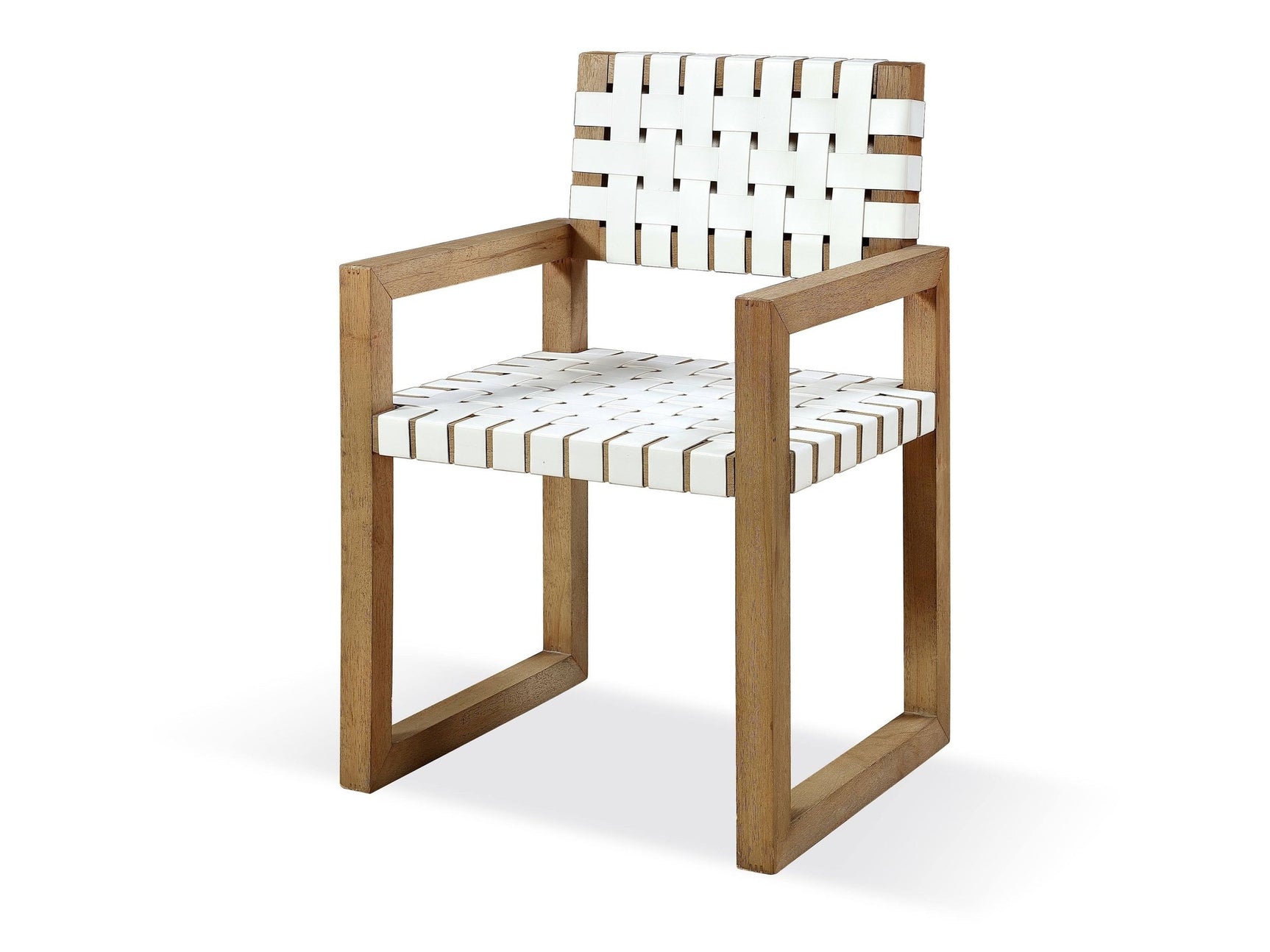 One Woven Leather and Solid Wood Dining Arm Chair in White and Bisque - Ornate Home