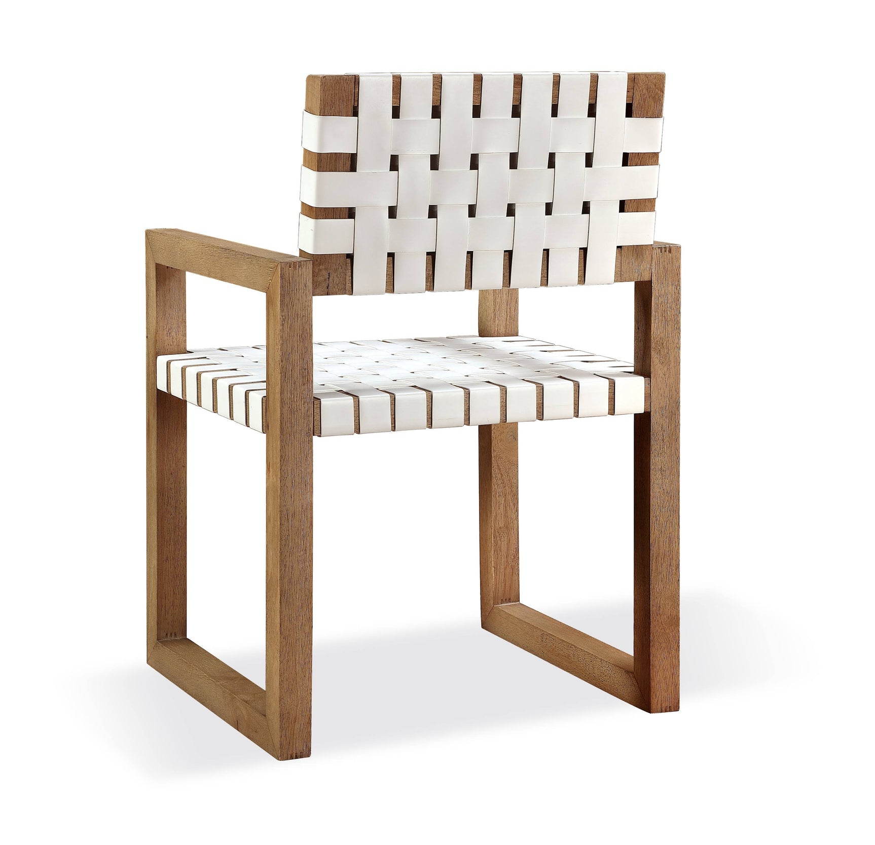 One Woven Leather and Solid Wood Dining Arm Chair in White and Bisque (Set of 2) - Ornate Home