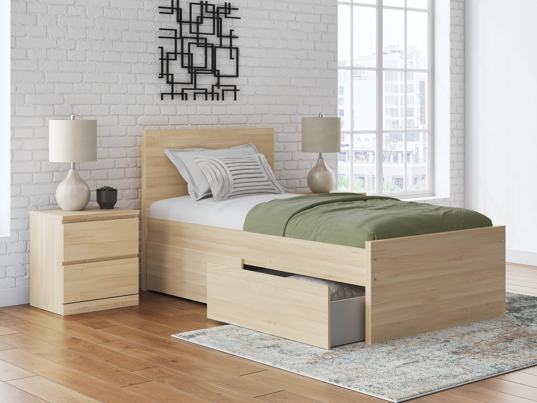 Onita Natural Twin Panel Platform Bed with 1 Side Storage - Ornate Home