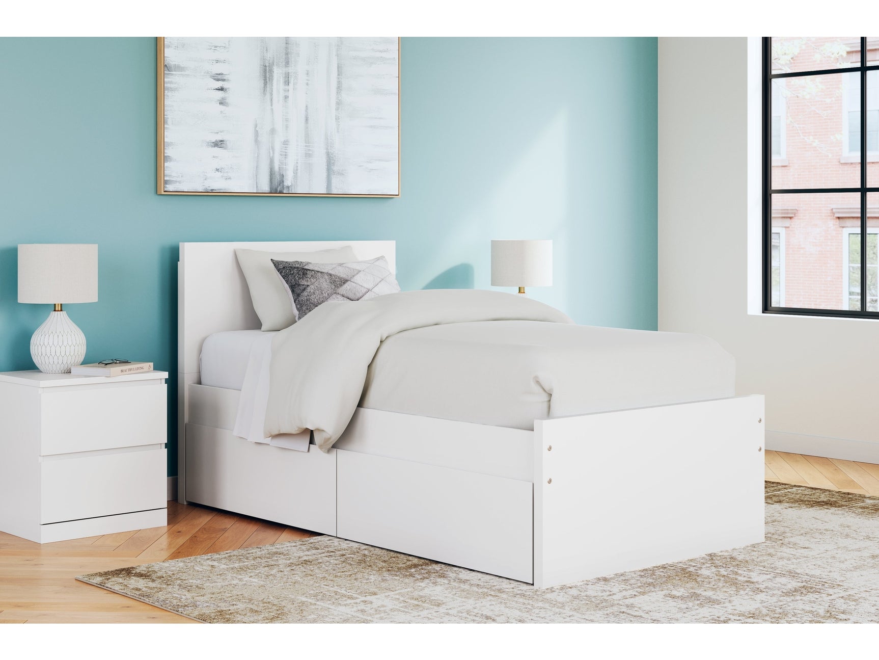 Onita White Twin Panel Platform Youth Bed with 1 Side Storage - Ornate Home