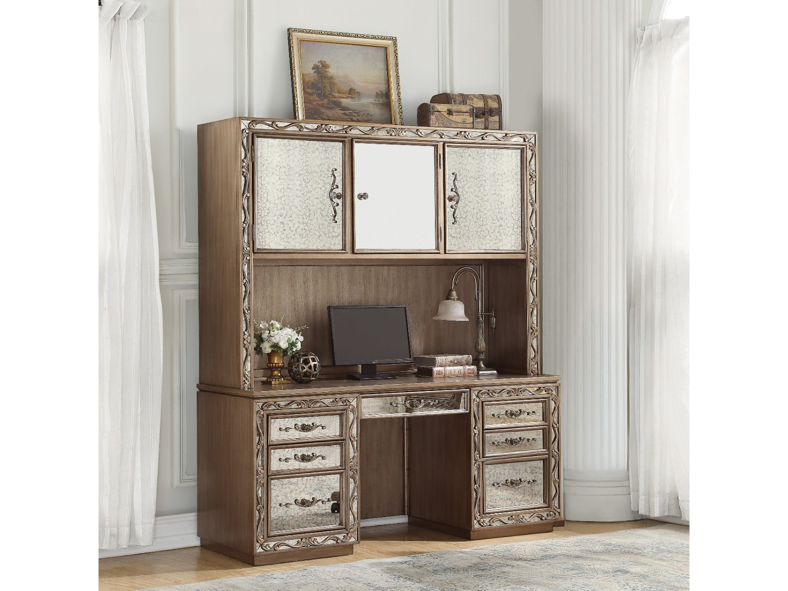 Orianne Antique Gold Computer Desk & Hutch - Ornate Home