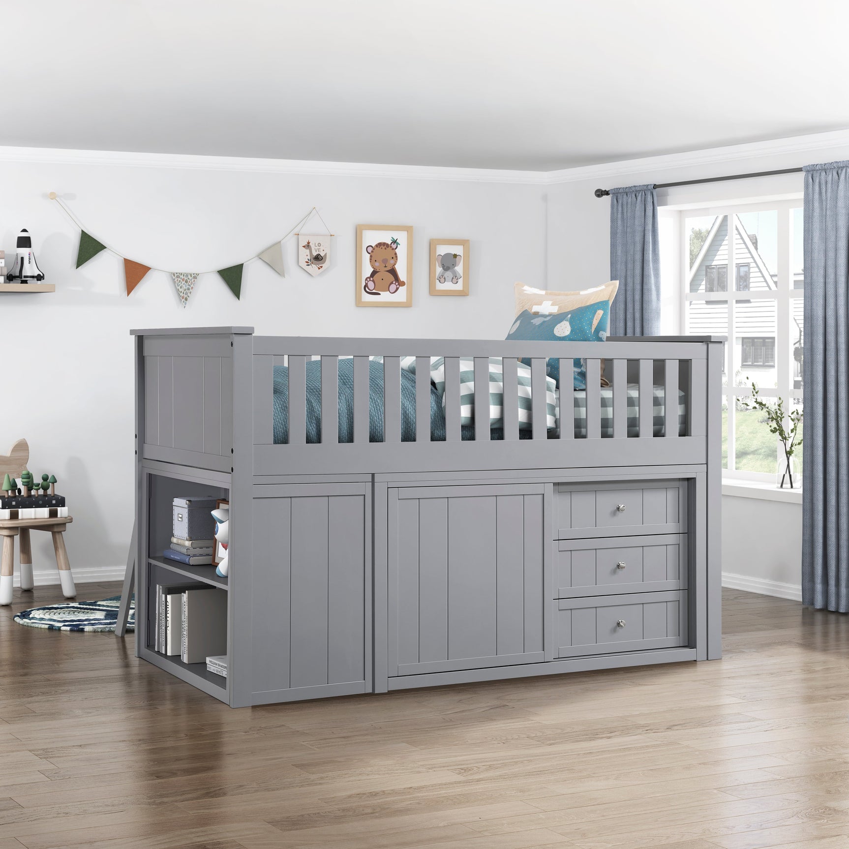 Orion Gray Low Loft Bunk with Bookcase & 2 Dressers - Ornate Home