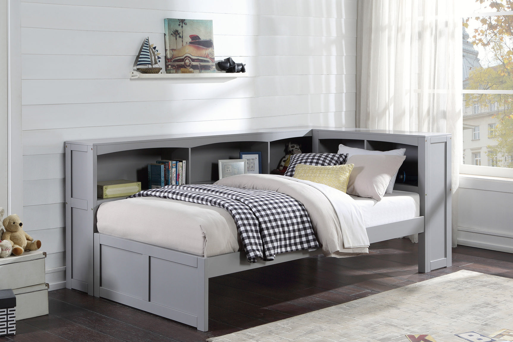 Orion Gray Twin Bookcase Corner Platform Bed - Ornate Home