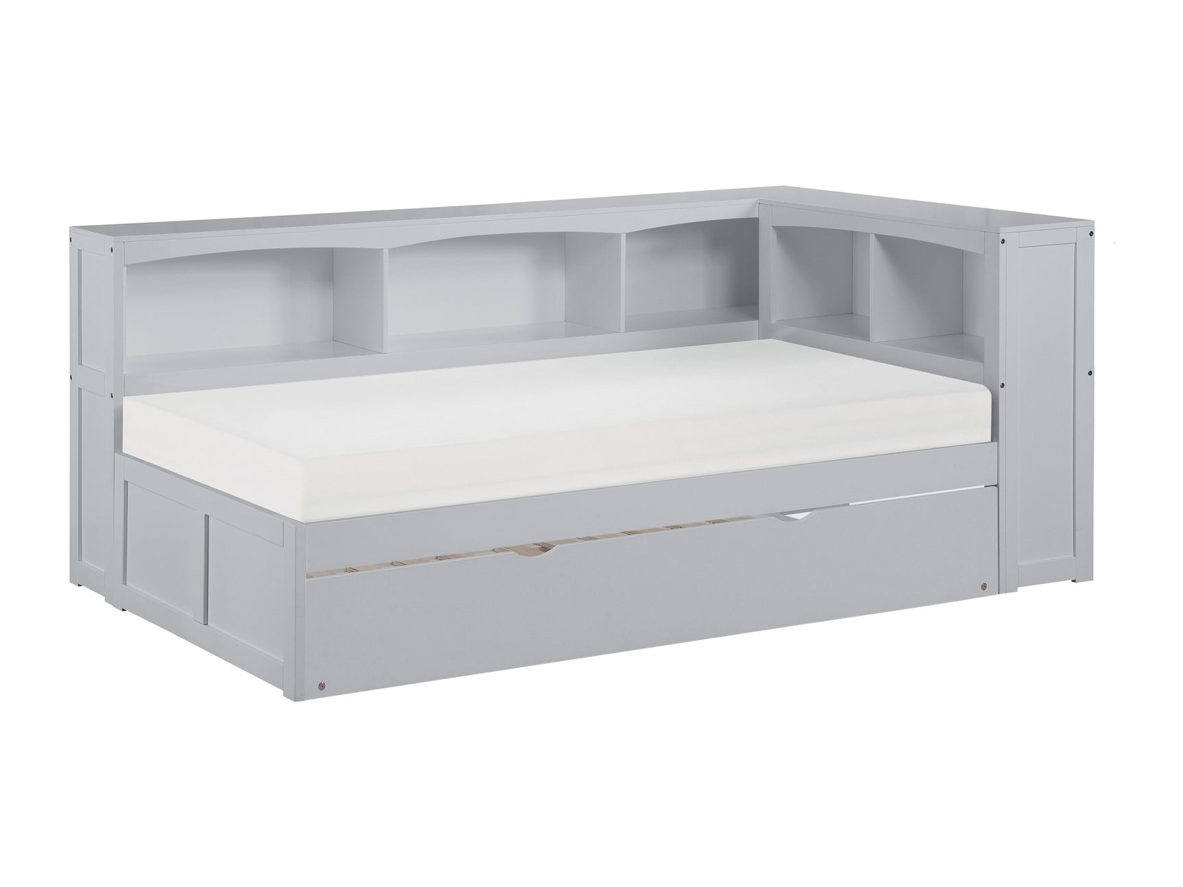 Orion Gray Twin Bookcase Corner Platform Bed with Twin Trundle - Ornate Home