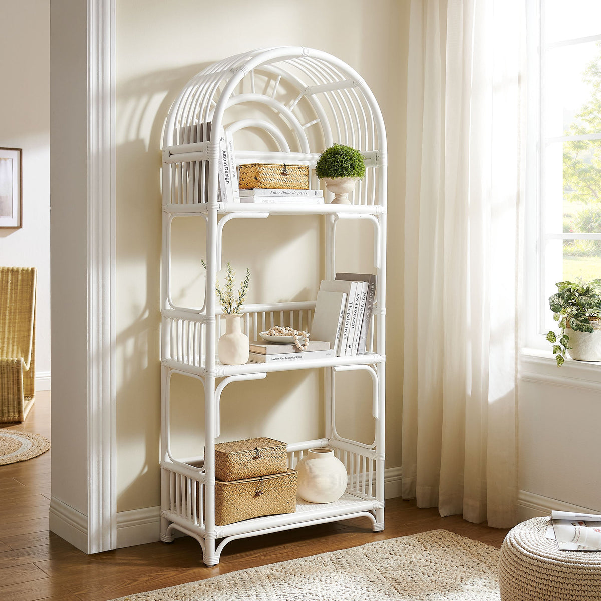 Ottilie White 68 Inch Arched Natural Rattan Bookshelf