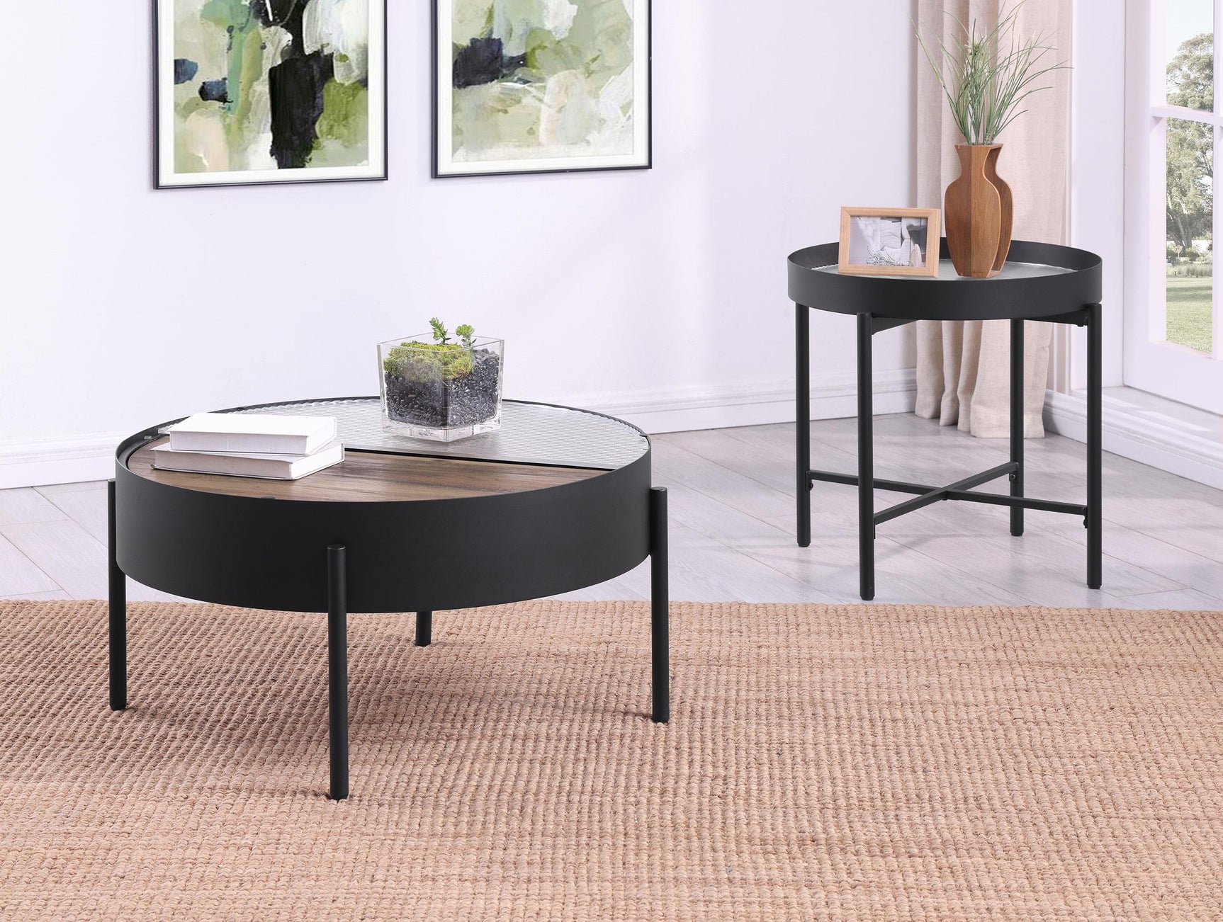 Ozella Sandy Black 2-piece Round Coffee and End Table Set - Ornate Home