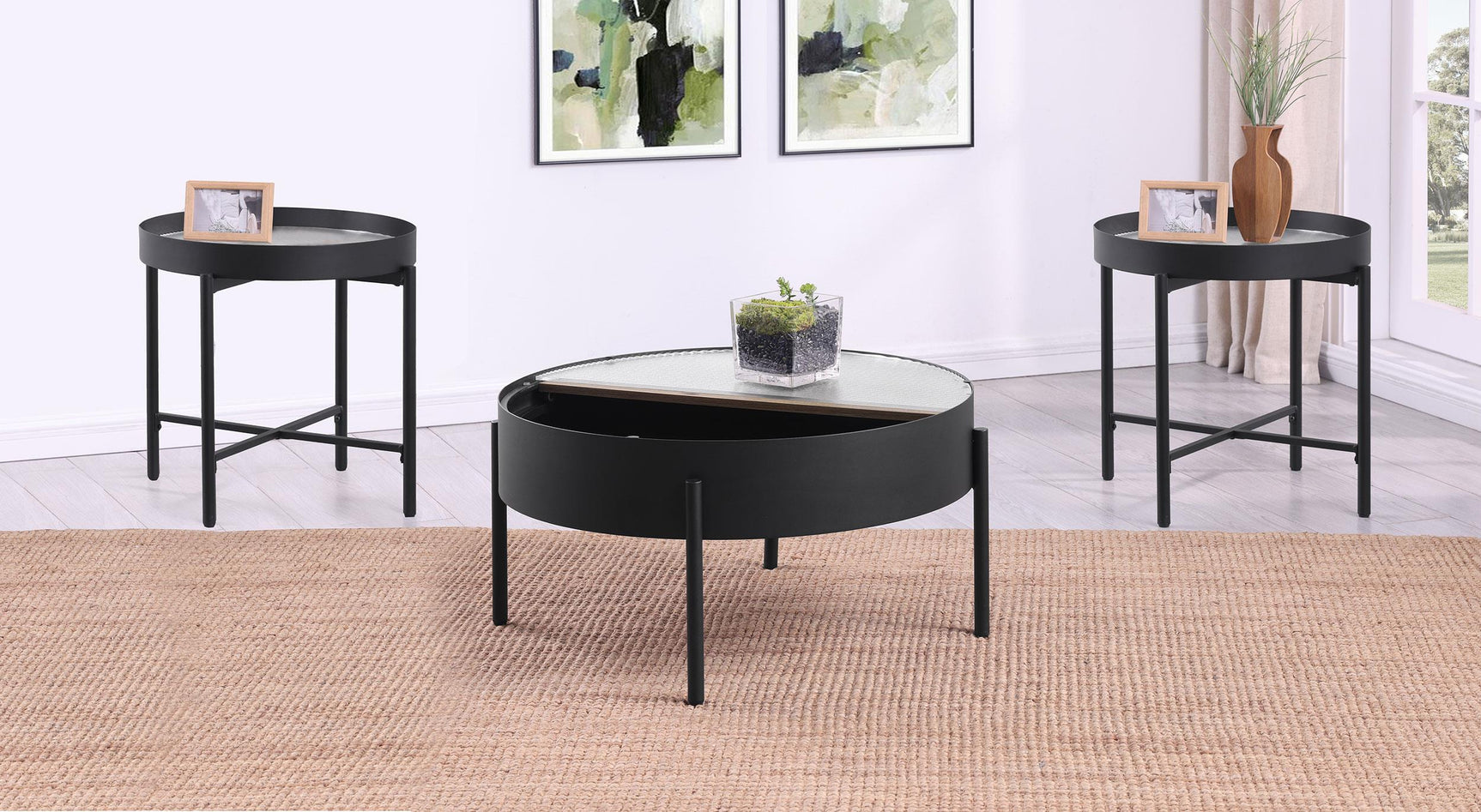 Ozella Sandy Black 3-piece Round Coffee and End Table Set - Ornate Home