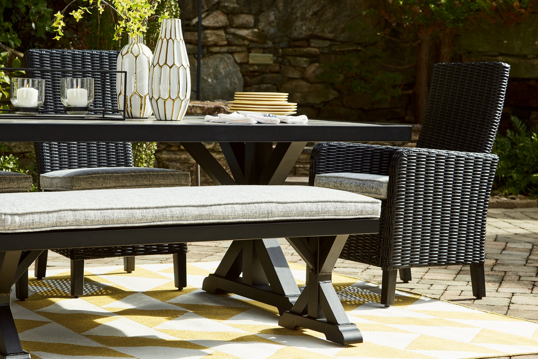 Beachcroft Black/Light Gray Outdoor Dining Table, 4 Chairs and Bench