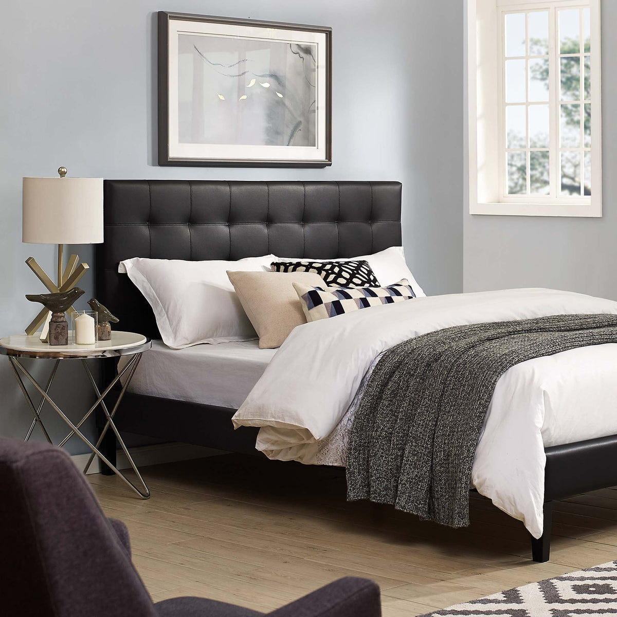 Paisley Black Tufted Upholstered Faux Leather Full / Queen Headboard - Ornate Home