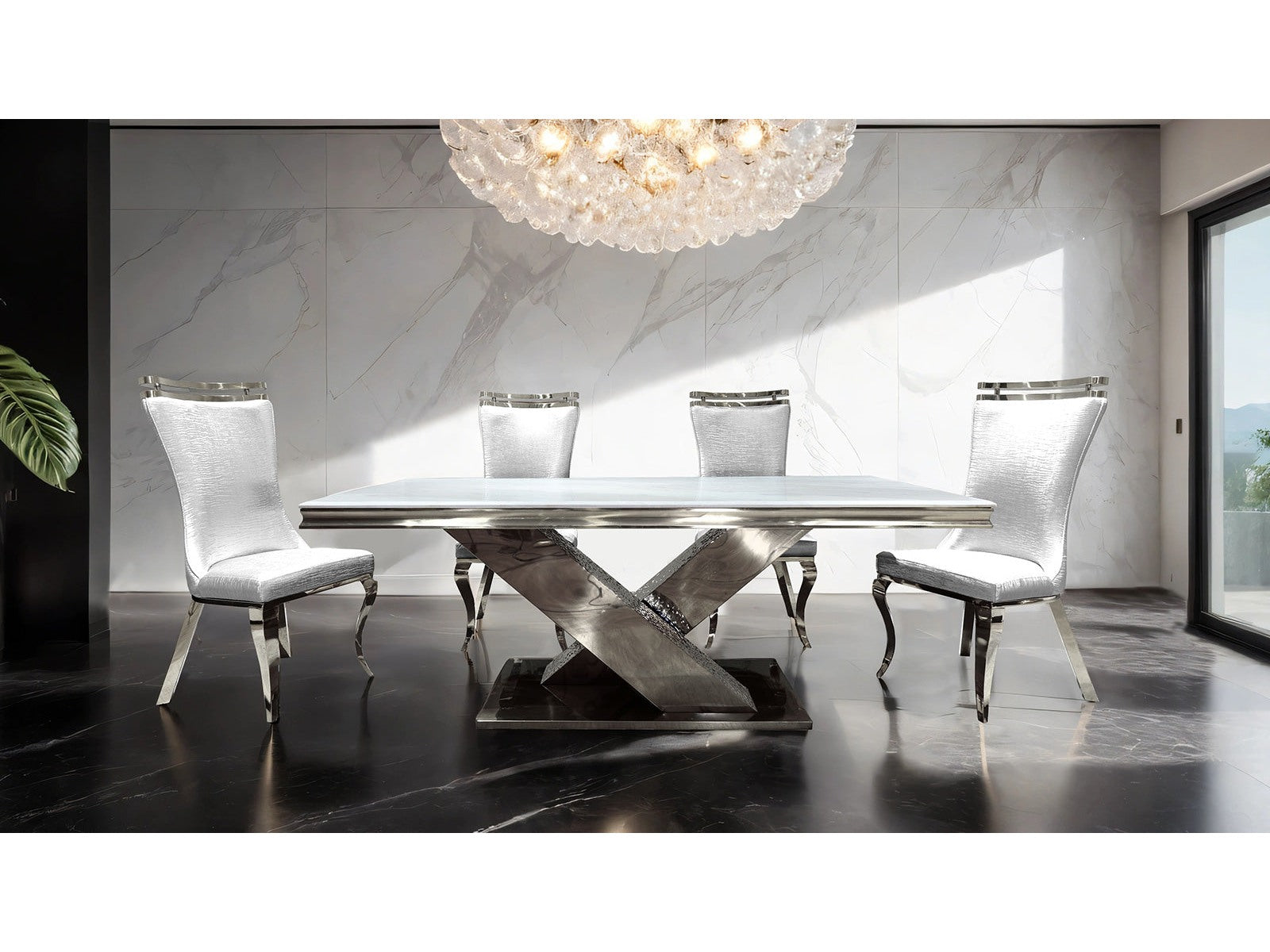 Palazzo Chrome/White 7 Piece Dining Set - Ornate Home