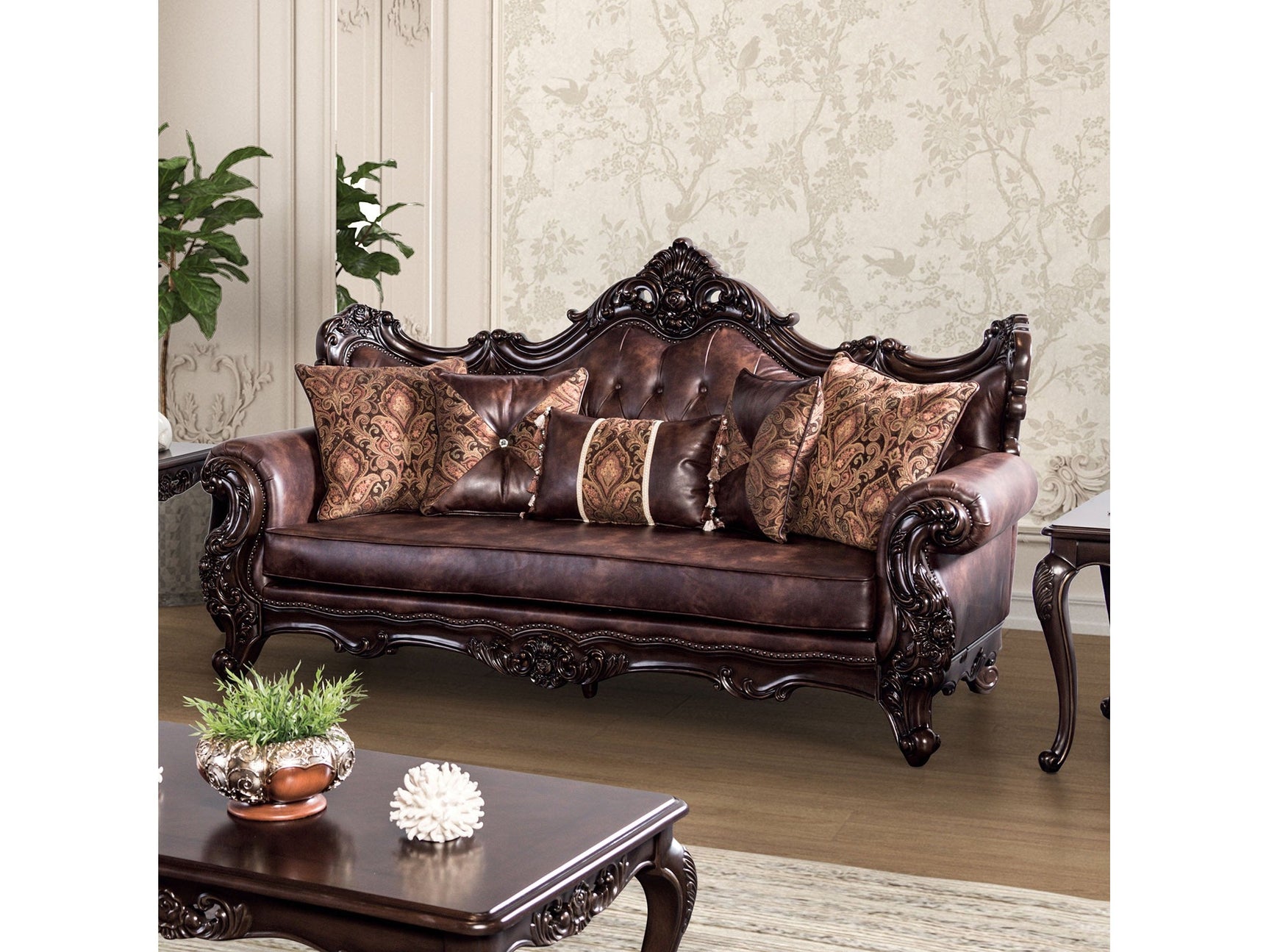 Palencia Dark Cherry/Brown Leatherette Sofa & Loveseat - Ornate Home