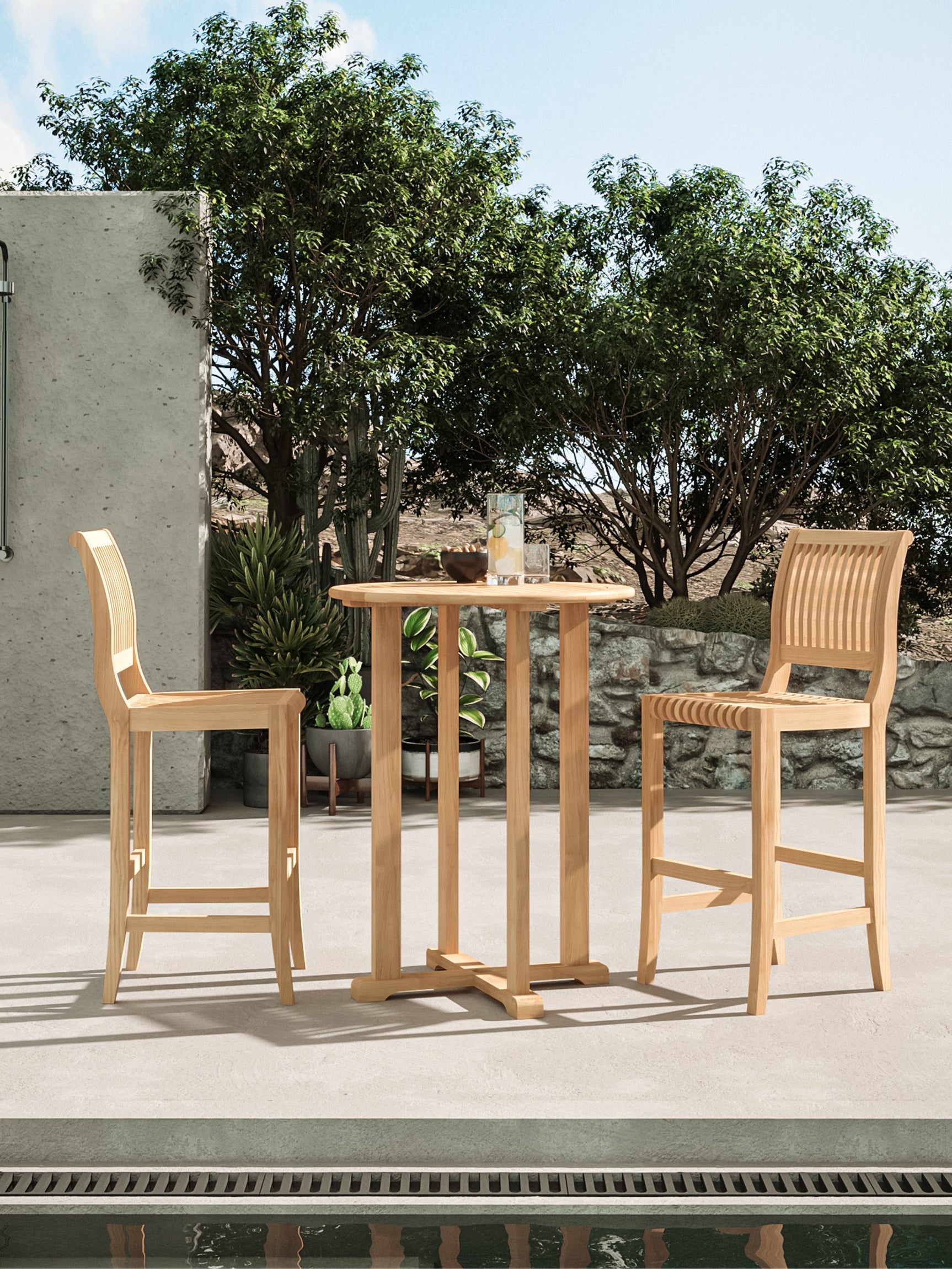 Palm Round Teak Outdoor Bar Height Bistro Table with Umbrella Hole - Ornate Home