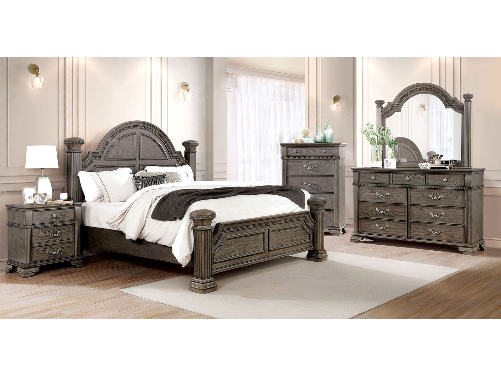 Pamphilos Gray Queen Bed & Nightstand & Dresser & Mirror - Ornate Home