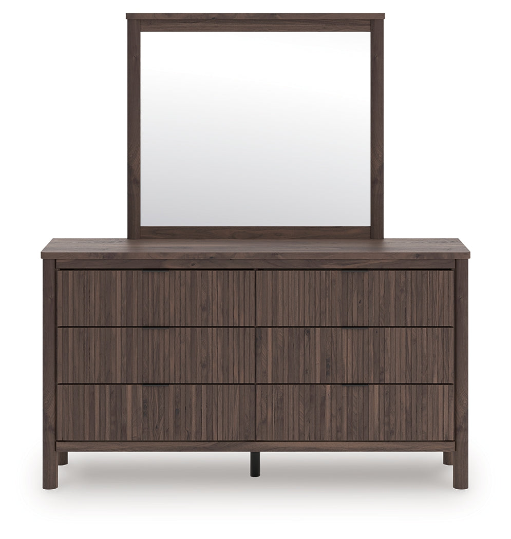 Pamytta Brown/Black Queen Upholstered Panel Bed, Dresser and Mirror - Ornate Home