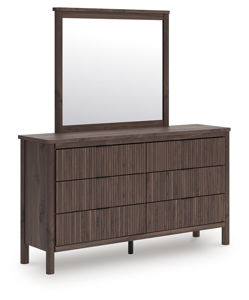 Pamytta Brown/Black Queen Upholstered Panel Bed, Dresser and Mirror - Ornate Home