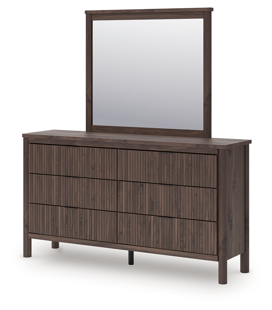 Pamytta Brown/Black Queen Upholstered Panel Bed, Dresser and Mirror - Ornate Home