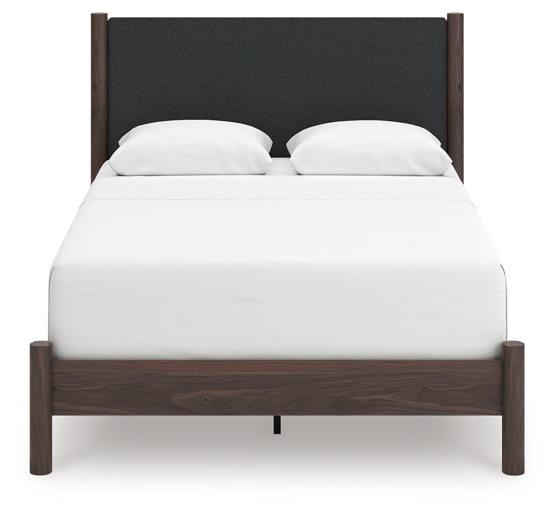 Pamytta Brown/Black Queen Upholstered Panel Bed, Dresser and Mirror - Ornate Home