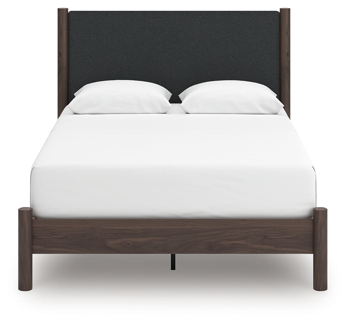 Pamytta Brown/Black Queen Upholstered Platform Bed, Dresser and Mirror (Online Special Price) - Ornate Home