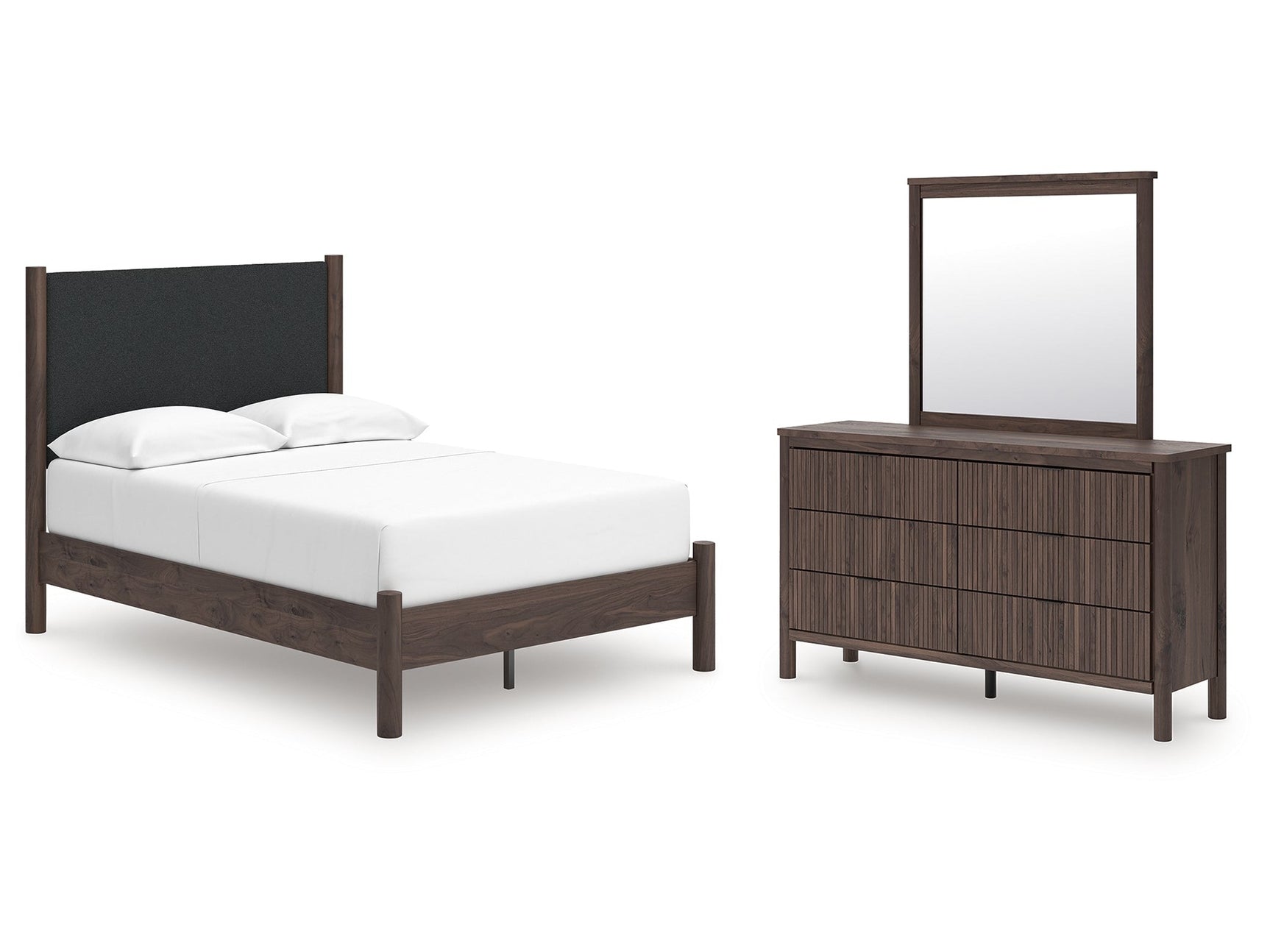 Pamytta Brown Full Upholstered Platform Bed, Dresser and Mirror - Ornate Home