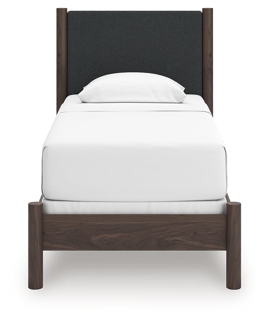 Pamytta Brown Twin Upholstered Panel Bed, Dresser and Mirror (Online Special Price) - Ornate Home