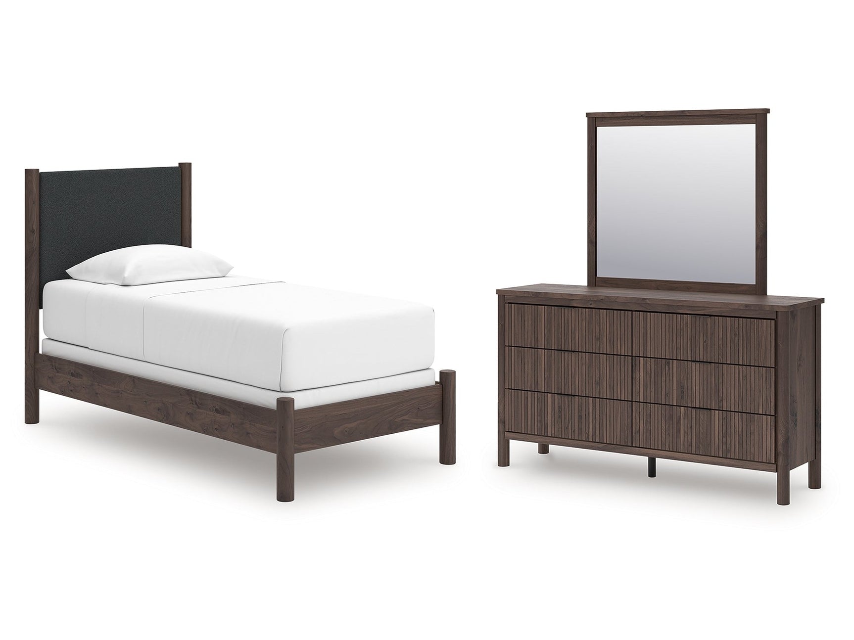 Pamytta Brown Twin Upholstered Panel Bed, Dresser and Mirror - Ornate Home