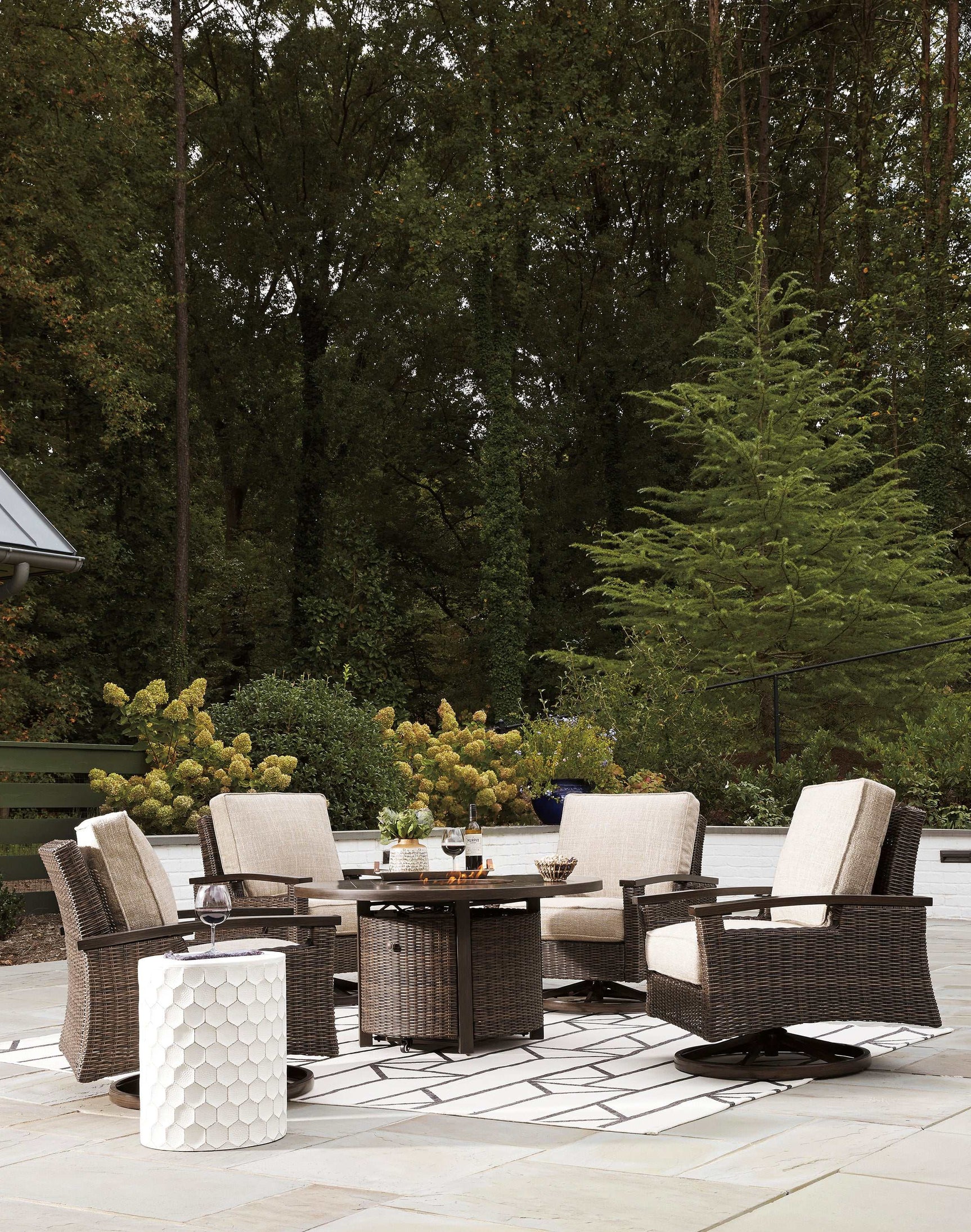 Paradise Trail Medium Brown Outdoor Fire Pit Table & Chair Set / 5pc - Ornate Home