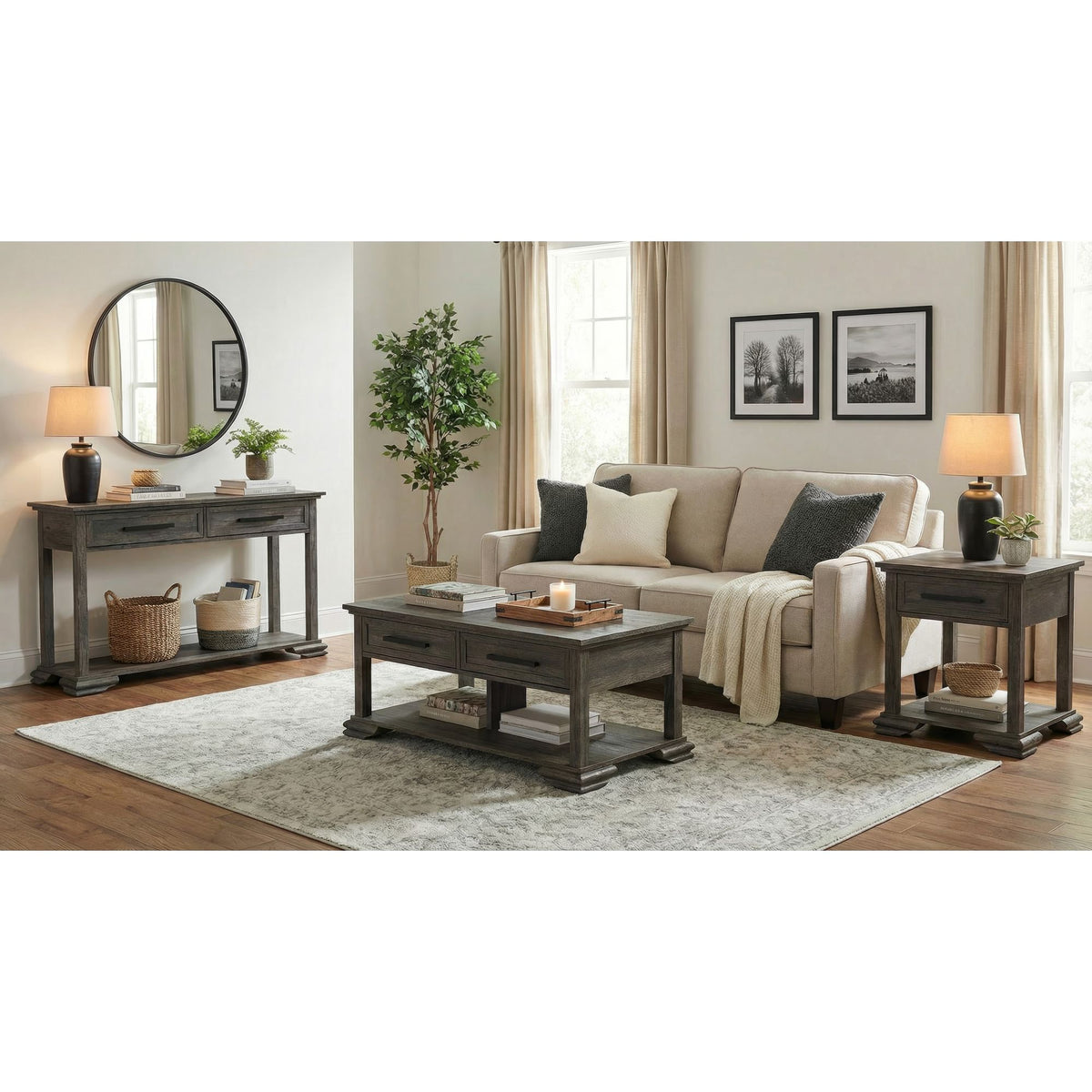 Park Ridge Charcoal 3-Piece Occasional Table Set with Coffee Table, End Table & Sofa Table - Ornate Home